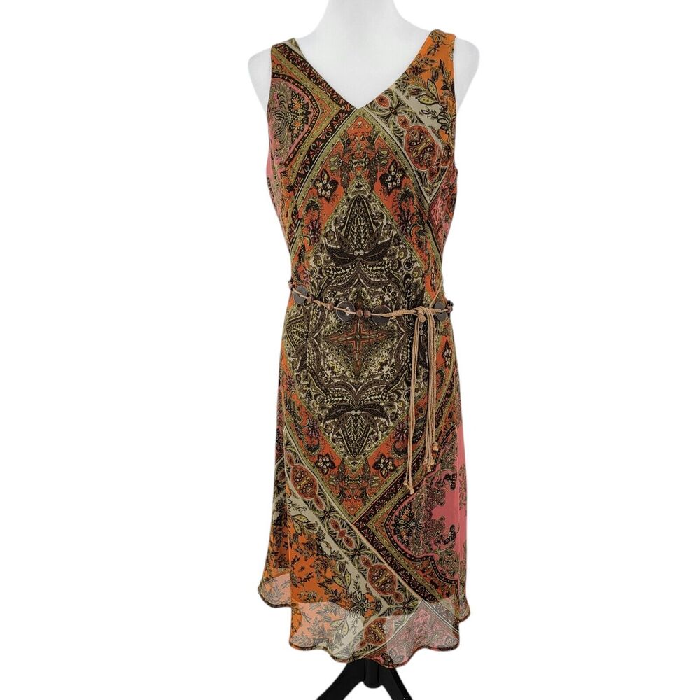 Kari New York Dress Womens 8 Brown Paisley Lined Sleeveless Midi Belted Boho Y2K